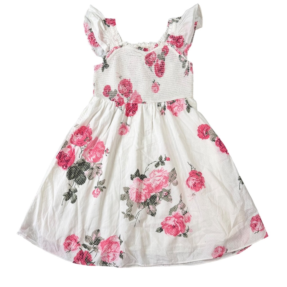 LoveShackFancy Girls Floral Smocked Flutter Sleeve Dress White Size 10Y